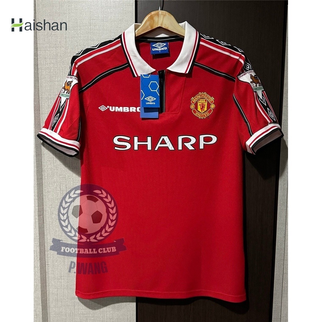 (hai shan)เสื้อฟุตบอลย้อนยุค Retro แมนยู Home คอซิป 1998/1999 อัดชื่อนักเตะ BECKHAM, SCHOLES, KEANE, CANTONA, GIGGS กล้ารับประกันคุณภา