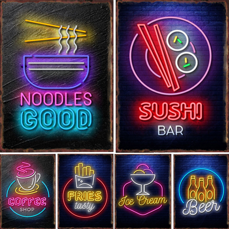 Vintage Neon Food ป้ายดีบุกโลหะสําหรับ Fast Noodles Fries อร่อยไวน์ร้านกาแฟภาพวาดภาพตกแต่งผนัง Art