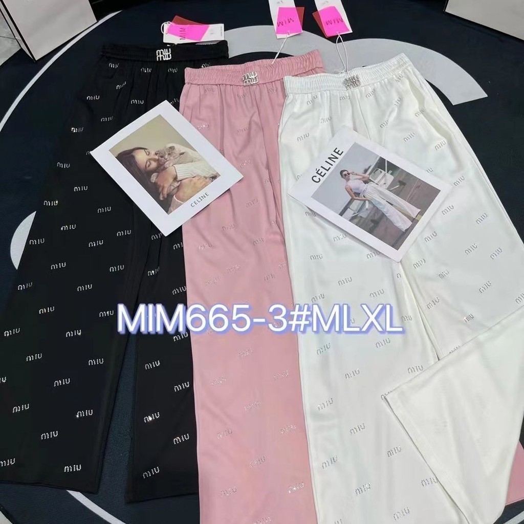 Miumiu2024 กางเกงขายาว ขากว้าง เอวสูง ประดับเพชร แวววาว ทรงตรง เหมาะกับฤดูร้อน G36B