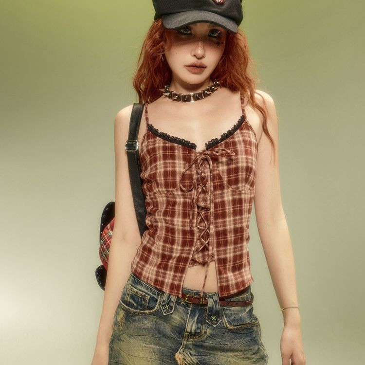 Shanmieleng อเมริกัน Retro ลายสก ๊ อต Camisole 2024 สไตล ์ ใหม ่ หญิงฤดูร ้ อนสั ้ นลูกไม ้ Laced-Up สาวร ้ อนด ้ านในแขนกุดด ้ านบน
