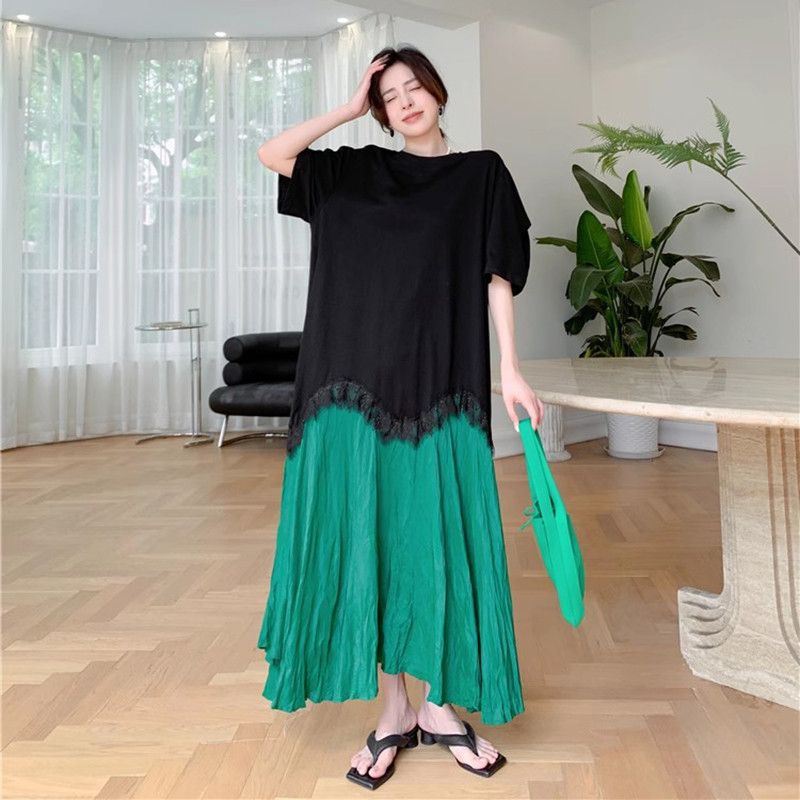 Ladivi Plus ขนาดผู้หญิงลําลองหลวม Patchwork ฤดูร้อนใหม่แขนสั้น Koreal สไตล์ชุดขนาดใหญ่ 5821 D12