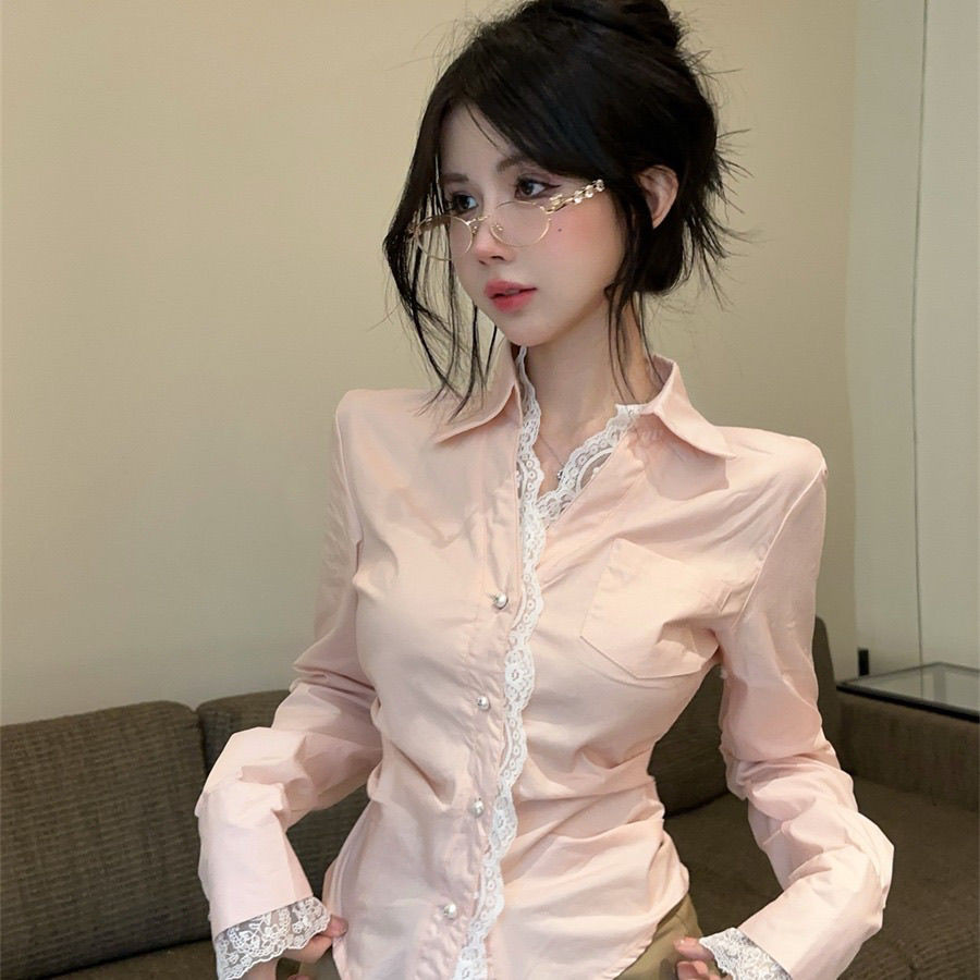 French Hollow ลูกไม้เสื้อโปโลหญิงอารมณ์ Slimmer ดูเสื้อฤดูใบไม้ร่วง High-End แขนยาว Top