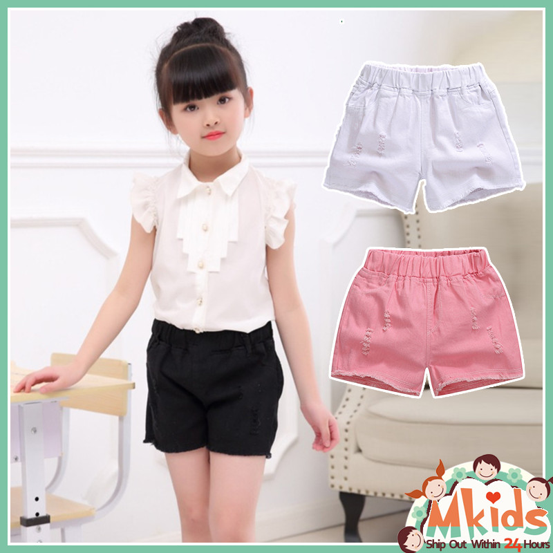 [MKIDS Fashion] กางเกงขาสั ้ นผ ้ ายีนส ์ เด ็ กผู ้ หญิงกางเกงยีนส ์ สีขาวลําลองพร ้ อมกระเป ๋ าเอวยางยืดกางเกงยีนส ์ สําหรับเด ็ ก 3-14Y