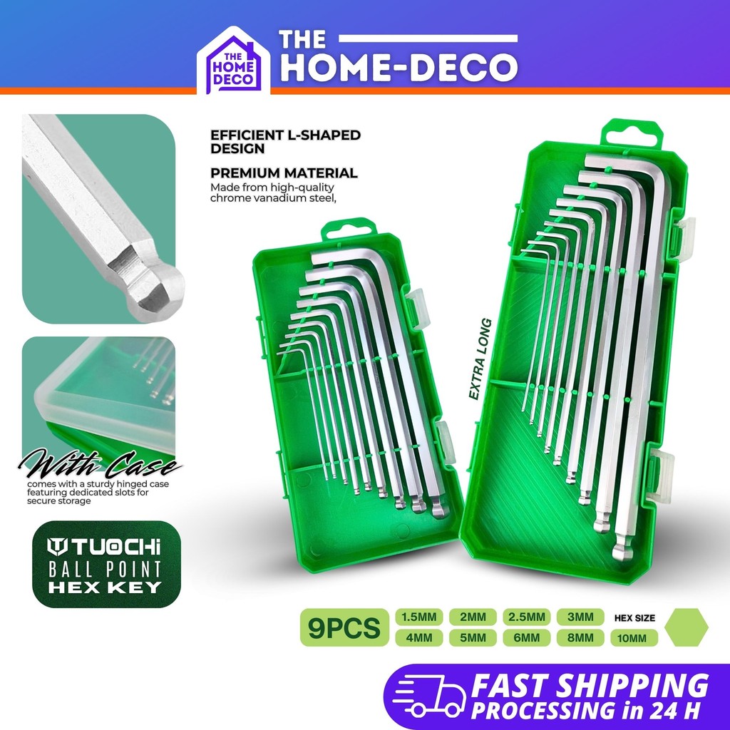 9PCS TUOCHI Ball Point Hex Key พร้อมกรณี 1.5 / 2 / 2.5 / 3 / 4 / 5 / 6 / 8 / 10 มม.ประแจประแจประแจยา