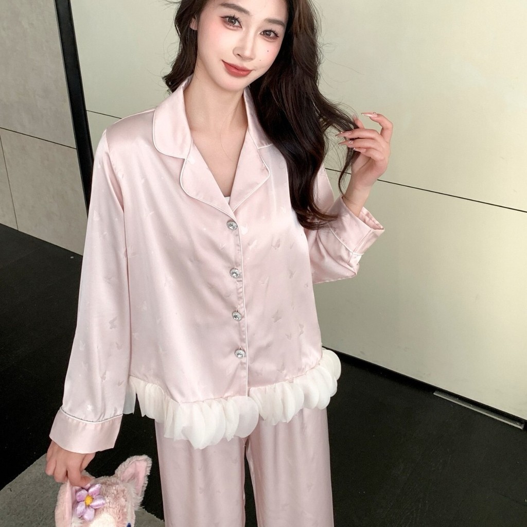 สไตล์ฝรั่งเศสชุดนอนใหม่ผ้าไหมน้ําแข็งสไตล์เจ้าหญิงหวานผีเสื้อ ผ้าแจ็คการ์ด ชุดนอนสตรีชุด