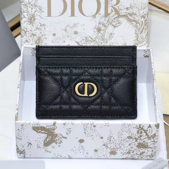 ♞,♘,♙แบรนด์ใหม่และเป็นของแท้/DIOR Dior Caro cannage ลายห้าตาราง หนังวัวอ่อน กระเป๋าใส่บัตร กระเป๋าส
