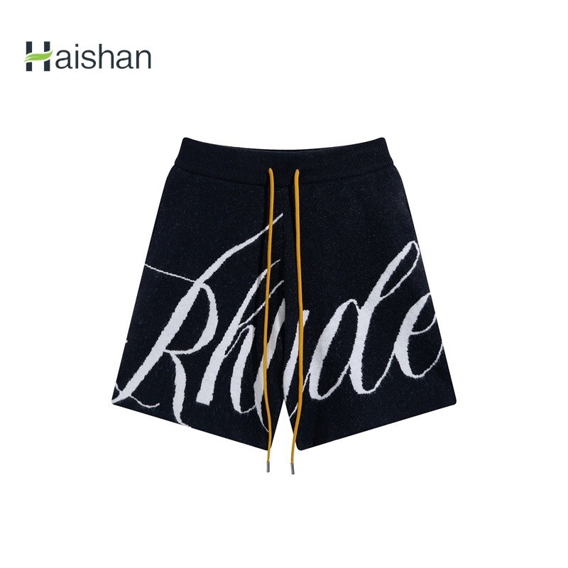 (hai Shan)แฟชั่น RHUDE กางเกงขาสั้นลําลอง ผ้าถัก ทรงหลวม พิมพ์ลายตัวอักษร สําหรับผู้ชาย และผู้หญิง