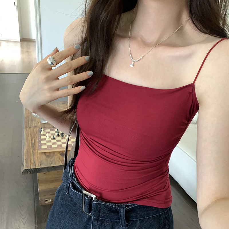 71474 เสื้อสายเดี่ยว แขนกุด จับจีบ สีพื้น สําหรับผู้หญิง