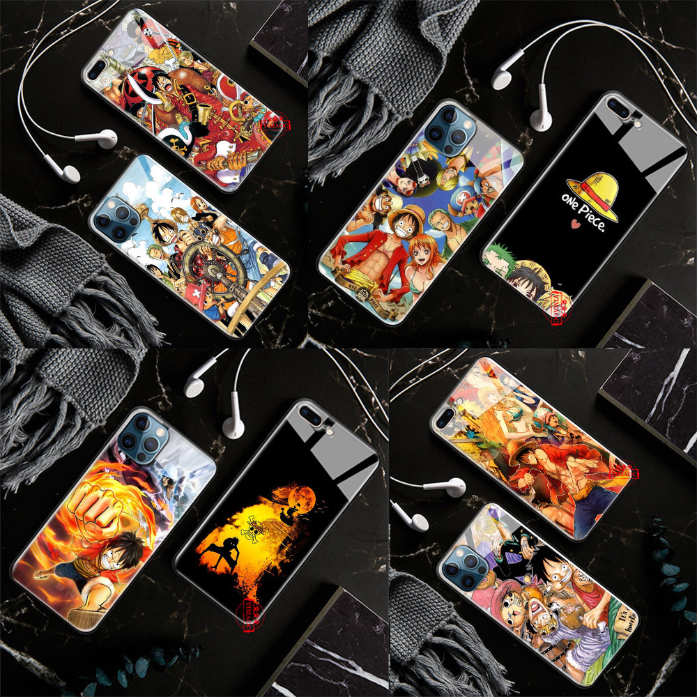 เคสโทรศัพท์มือถือกระจกนิรภัย ลายการ์ตูนลูฟี่ One Piece สําหรับ iPhone 14 15 Pro Max L18