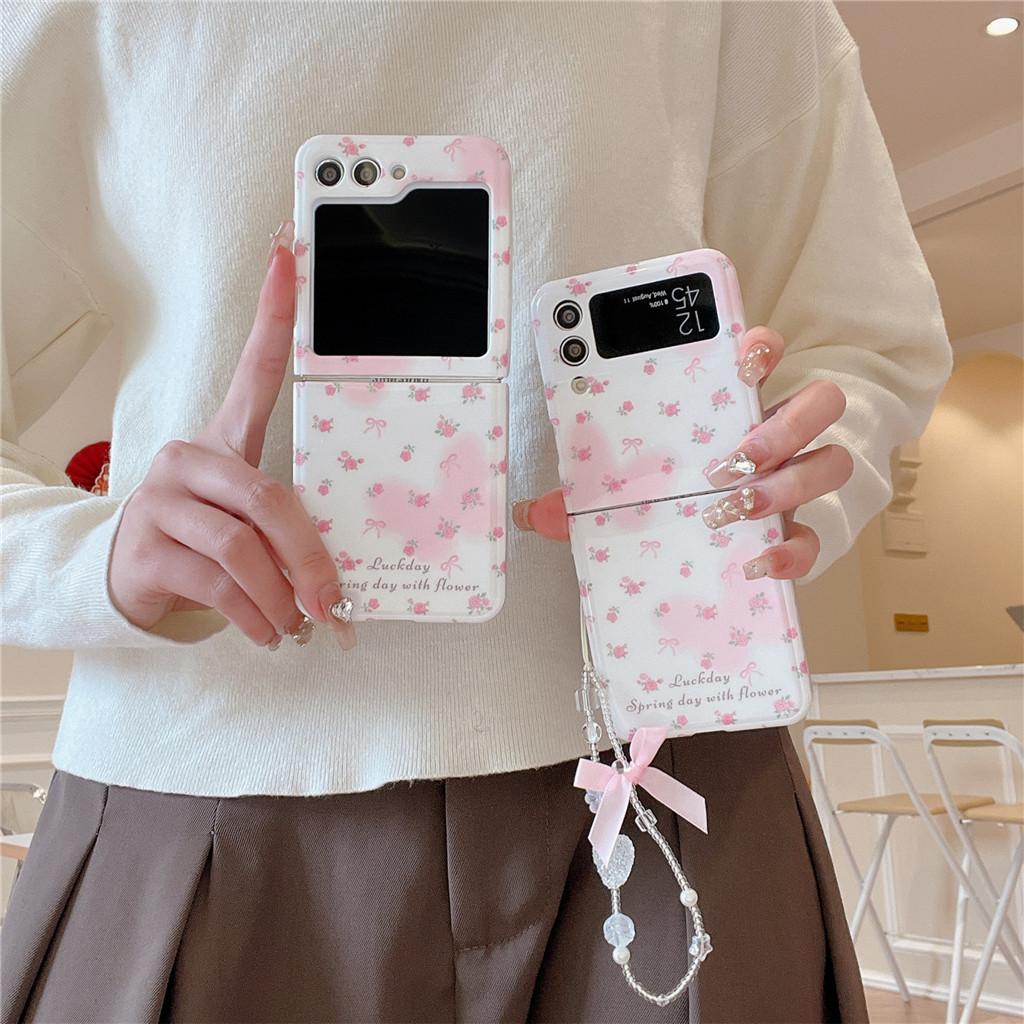 SAMSUNG เกาหลีหรูหราสดเต็มหน้าจอน่ารักดอกไม้โบว์แขวนโซ่เคสโทรศัพท์สําหรับsamsung Galaxy Z Flip 3 4 5 6 Zflip 5 Flip6 Flip4 ZFlip5 ฝาครอบกันกระแทก