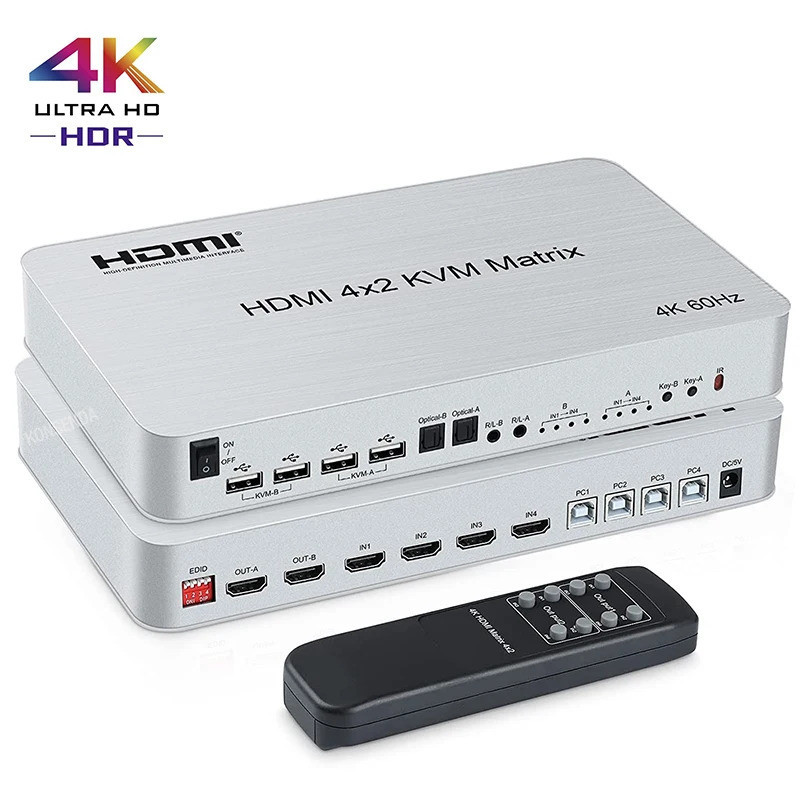สวิตช์แยก HDMI KVM Matrix 4x2 Dual Monitor 4K 60Hz HDMI 4 พอร์ต รองรับเมาส์ คีย์บอร์ด USB