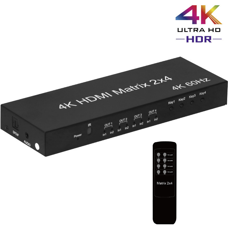 4k 60Hz HDMI Matrix 2x4 HDMI Matrix Switcher 2 In 4 Out HDMI Splitter Switcher พร้อมเครื่องดูดเสียง สําหรับหน้าจอมอนิเตอร์ 4 จอ
