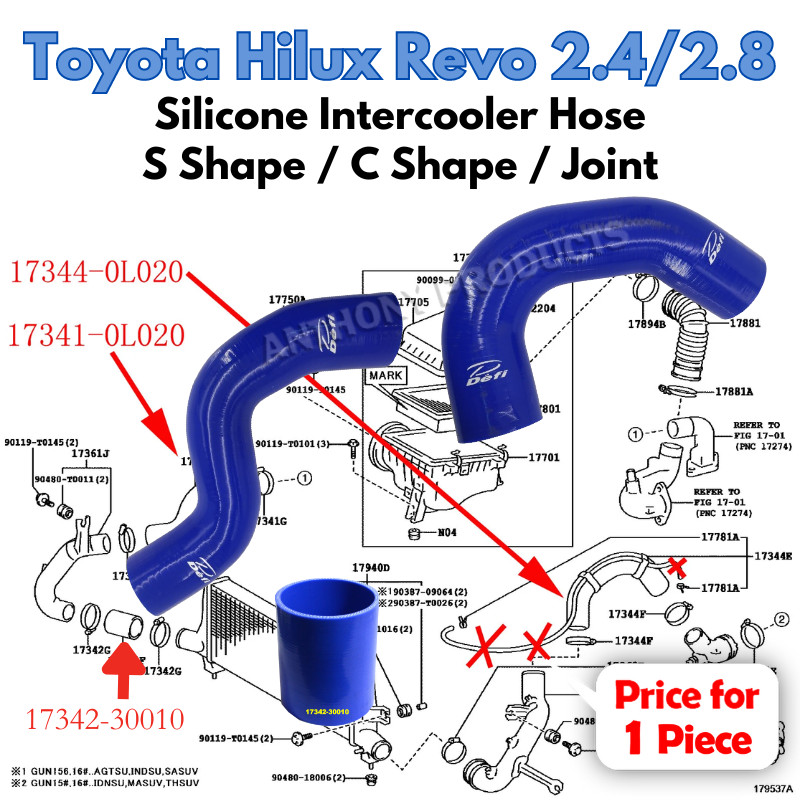 Toyota Hilux Revo 2.4 2.8 S Shape / C Shape Blue Silicone Hose Hilux Intercooler Hose (1Pc) 1734-0L0