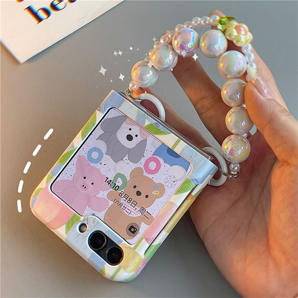 น่ารักเกาหลี 3D ดอกไม้เลเซอร์ลูกปัดสร้อยข้อมือ Tulip ดอกไม้เคสโทรศัพท์สําหรับ Samsung Galaxy Zflip 5 6 Z Flip5 Flip6 Zflip5 แบบพกพา