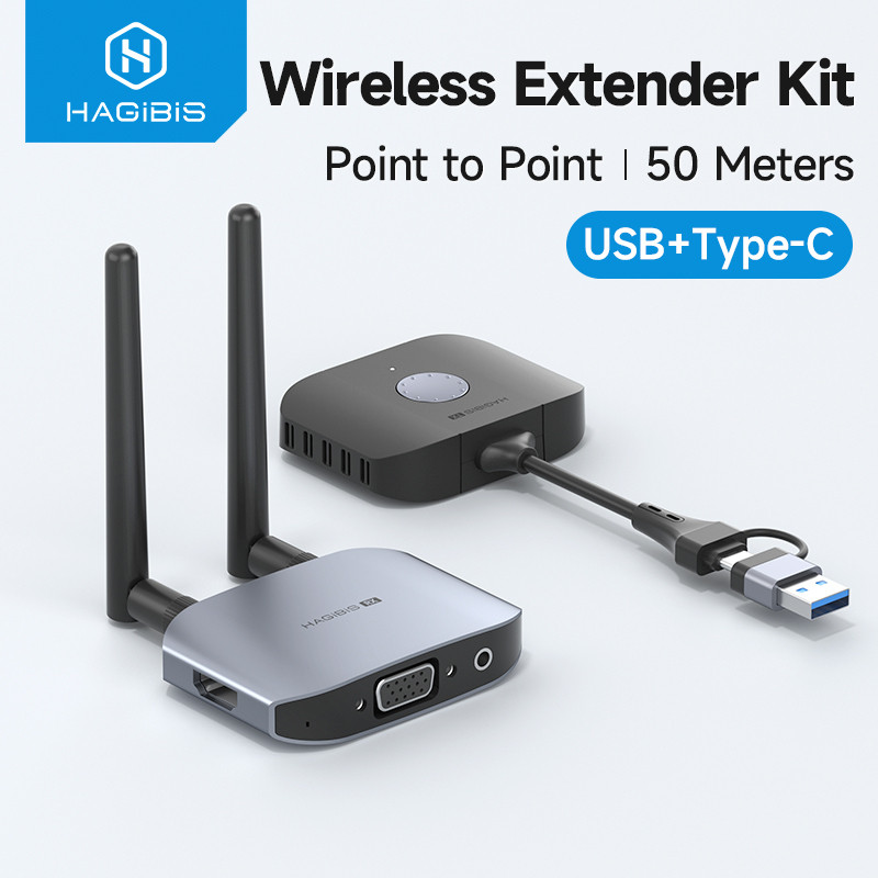 Hagibis Wireless HDMI-เข้ากันได้กับเครื่องส่งสัญญาณและตัวรับสัญญาณชุด Type-C USB Dual Plug Extender 