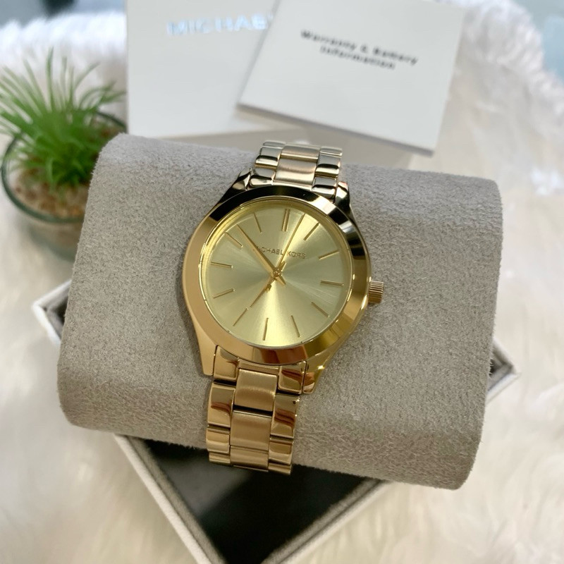 [[พร้อมส่งแท้%]] Michael Kors Mini Runway Slim Gold Dial Gold Steel Strap Watch for Women MK3512