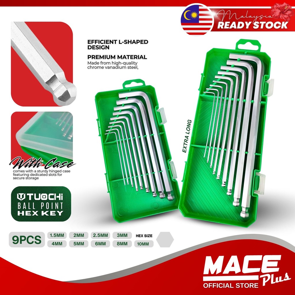 9PCS TUOCHI Ball Point Hex Key พร้อมกรณี 1.5 / 2 / 2.5 / 3 / 4 / 5 / 6 / 8 / 10 มม.ประแจประแจประแจยา