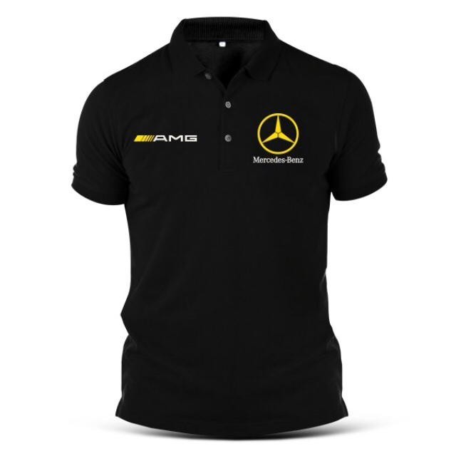 เสื้อยืด คอปก พิมพ์ลายโลโก้ Mercedes Benz สีทอง สําหรับเล่นกีฬา