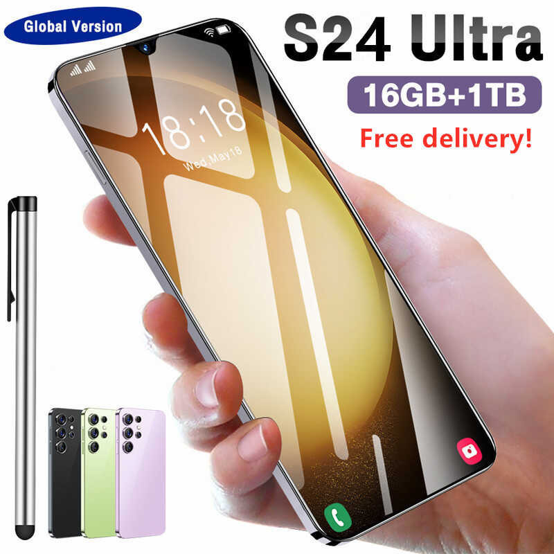 โทรศัพท์มือถือขายดี S24จอ HD 6.8เฉียบของแท้สมาร์ทโฟน16g + 1T 5G สองซิมปลดล็อค72mp Android 6800Mah PK S23