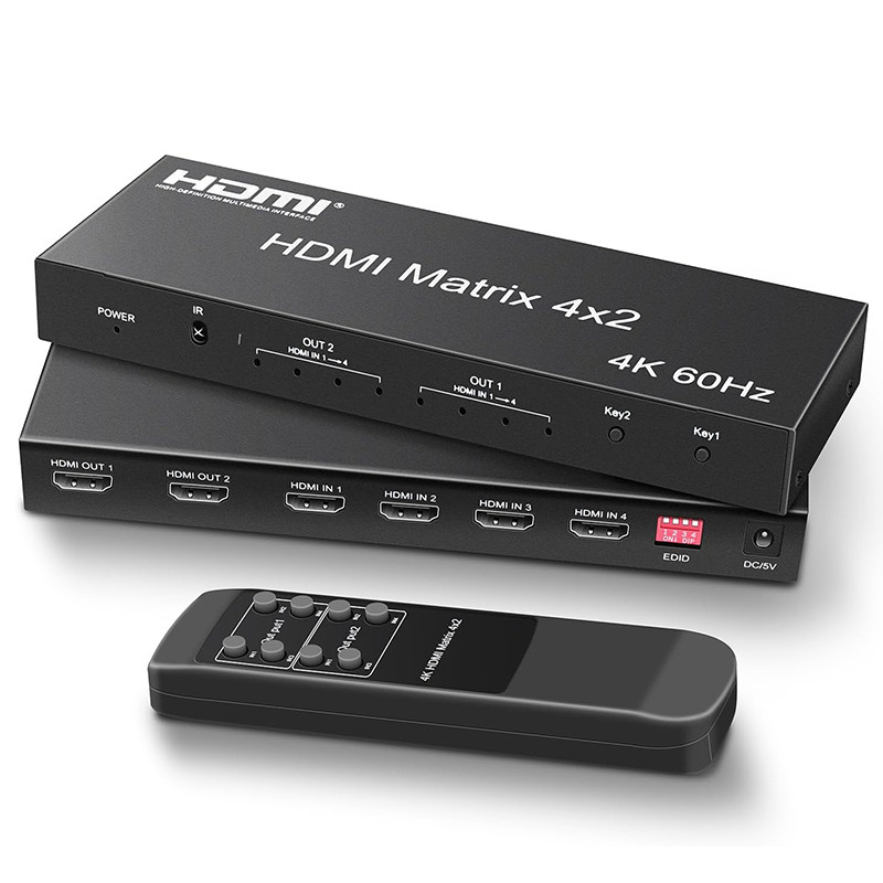 4K 60Hz 4x2 HDMI Matrix Switcher 4 in 2 out Matrix HDMI Switcher Splitter with Optical + 3.5mm Audio