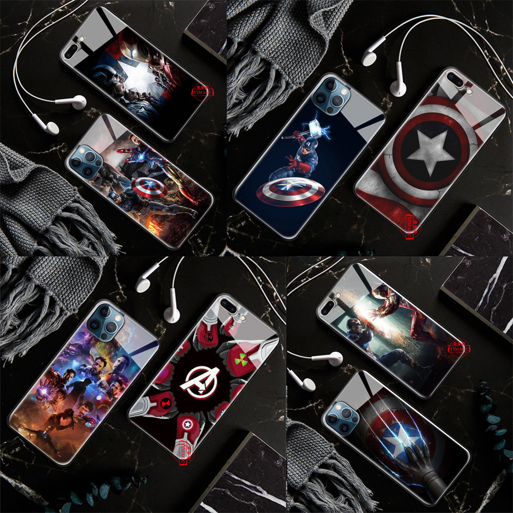 เคสโทรศัพท์มือถือกระจกนิรภัย ลาย Avengers Coque สําหรับ iPhone 14 15 Pro Max L111