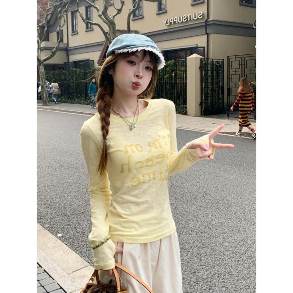 เสื้อยืดแขนยาวสีเหลืองผู้หญิงสไตล์ใหม่ Slim-Fit Thin Sun รูปที่ 6