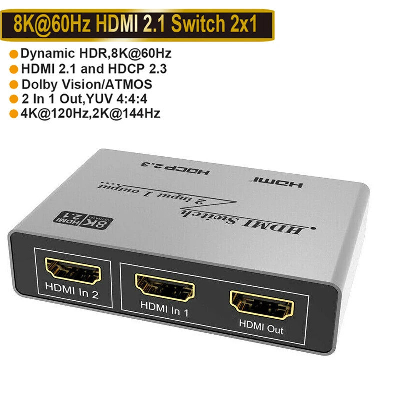 Hdmi2.1 8k Switch 4K @120Hz 2 in 1 Out หน ้ าจอแบ ่ งปันอะแดปเตอร ์ จอแสดงผล 8k 2x1 Switch Video Converter สําหรับ PS5 PS4 PC To TV Monitor