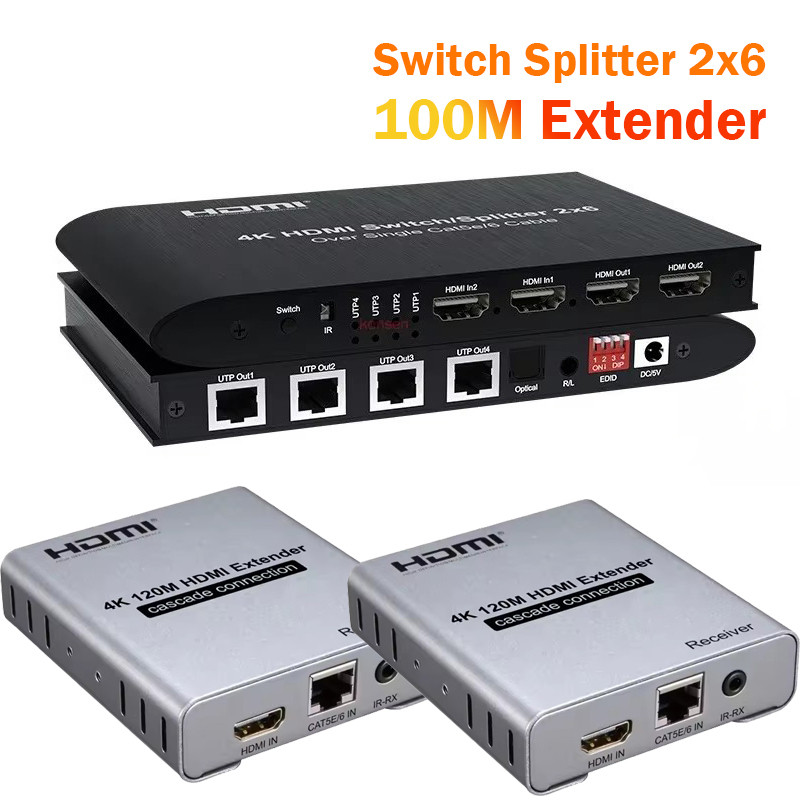 4K HDMI Switch Splitter Extender 2x6 over Ethernet Cat5e/6 สาย 100M HDMI Switch 2 HDMI out และ 4 RJ4