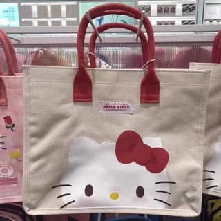 ღ-ღHelloKitty Cartoon Printed Portable Canvas Handbag Hello Kitty Printed Shopping Bag
