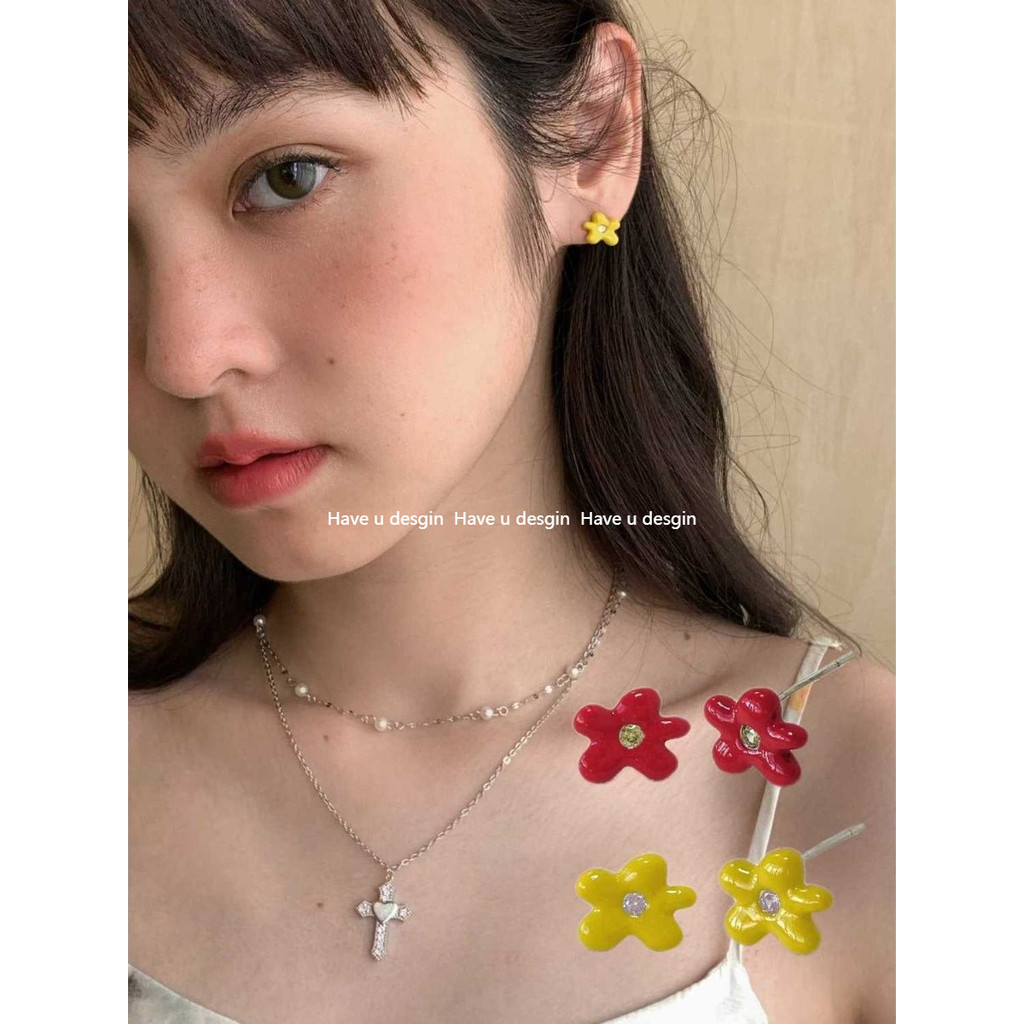 Have u desgin Original ดอกไม้สีเหลืองสีแดง Zircon All-Match s925 ต่างหูสตั๊ดขนาดเล็กหญิง