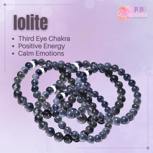 คริสตัลธรรมชาติ Icy Iolite ยืดหยุ่น 6 มม.+ สร้อยข้อมือ Third Eye Chakra