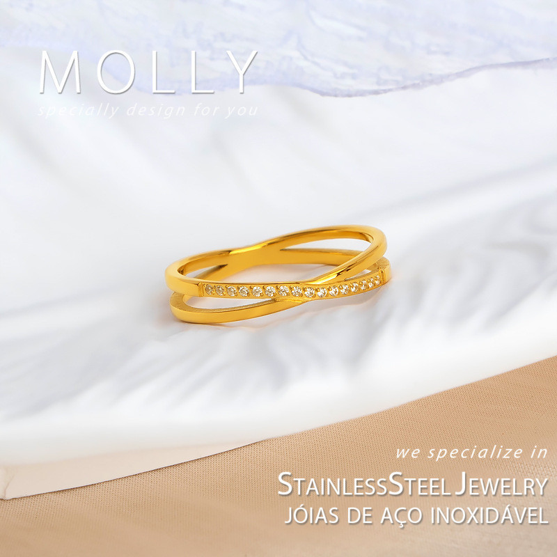 สแตนเลส Zirconia Intersecting เส้นแหวนผู้หญิง Non Tarnish Gold Plated Hypoallergenic Minimalist แฟชั่นเครื่องประดับ
