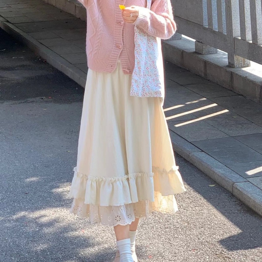 ลูกไม้ญี่ปุ่นกระโปรงหวานสไตล์ใหม่เอวสูง ผอมลง ดูกระโปรงยาวปานกลาง