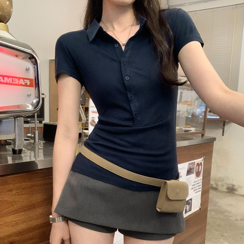 83657 POLO Collar Single-Breasted Slim-Fit Short-Sleeved T