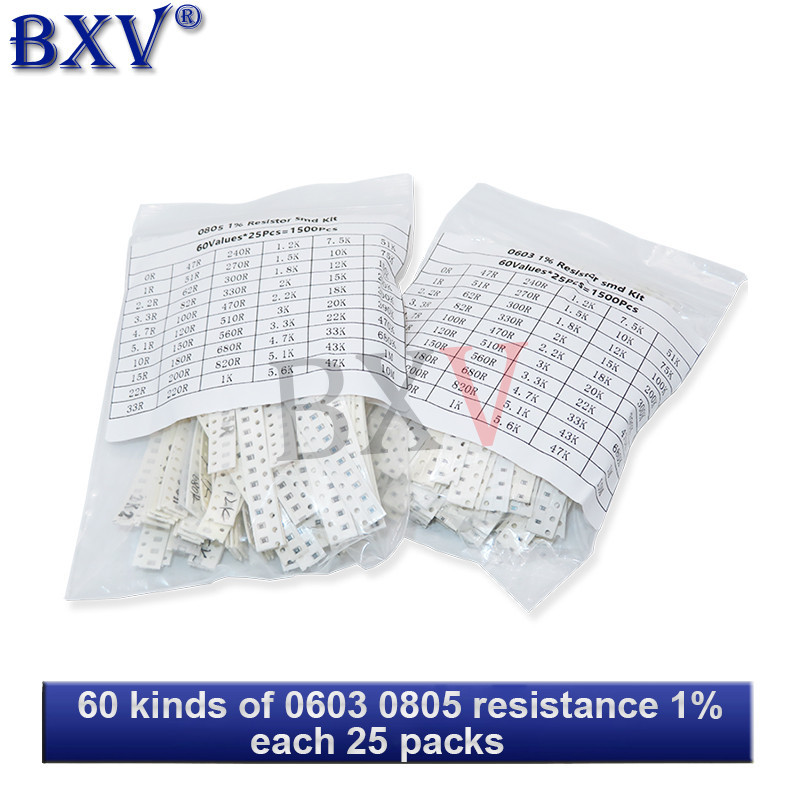 SMD 0603 0805 1500 ชิ้น/เซ็ตตัวต้านทานชุดสารพัน (60 ค่า X 25 ชิ้น) 0R-10M Ohm 1% ชุดต้านทานชิปฟิล์มค