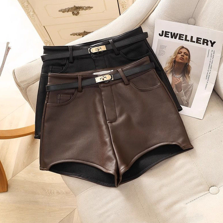 สีดํา PU หนังกางเกงขาสั้นผู้หญิงเอวสูง Slimmer ดูขนาดเล็กสาวร้อนสวมใส่ด้านนอก a-Line กว้างขารองเท้ากางเกง