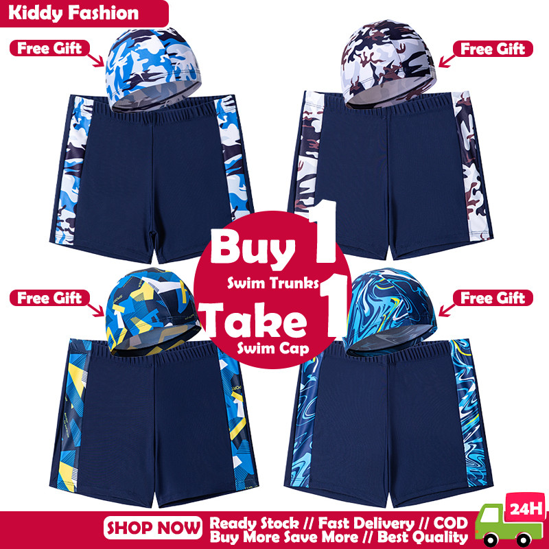 [BANGKOK SHIPPING] กางเกงว่ายน้ําเด็กชาย 1 ชิ้นสําหรับ 3-14 Yrs Old Kids ชุดว่ายน้ําฟรีหมวกว่ายน้ํา