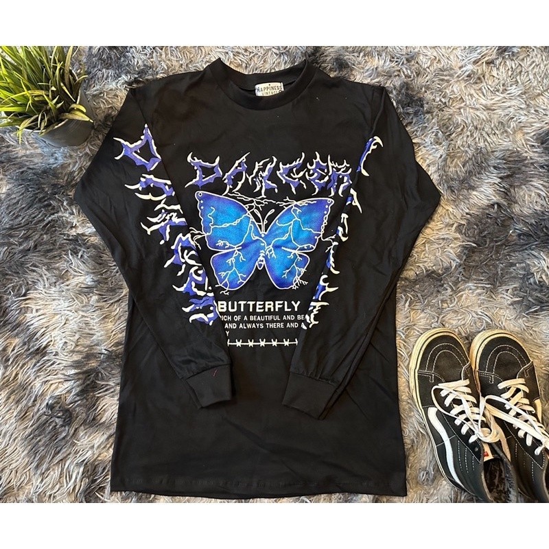 ลายผีเสื้อ ขาวดำ เสื้อแขนยาว (สกรีนลายมันส์) v.1