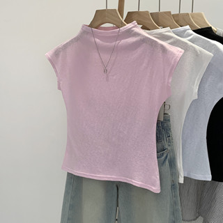 83785 สีทึบครึ่งคอสูงผ้าฝ้ายผ้าลินินเสื้อยืดแขนกุดด้านบน