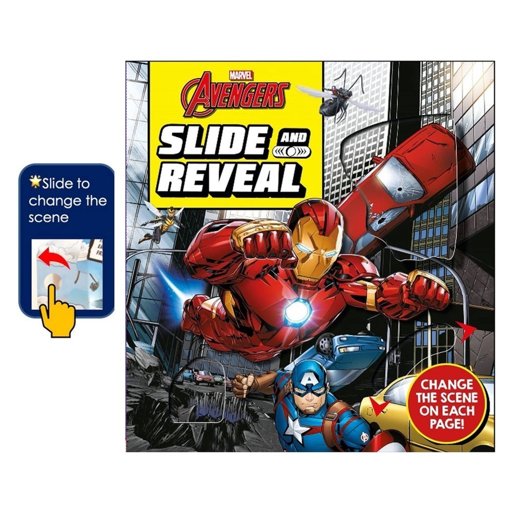 Marvel Avengers Slide & Reveal Board Book สําหรับเด็กพร้อมฉากแอ็คชั่นการเคลื่อนย้าย (ปกแข็ง)