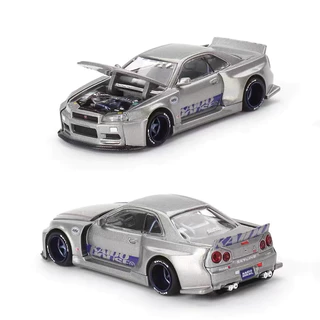 KAIDO HOUSE & MINIGT 1:64 Nissan Skyline GTR R34 สีเงิน 143 โมเดลรถอัลลอย ใหม่เอี่ยมยังไม่ได้เปิด