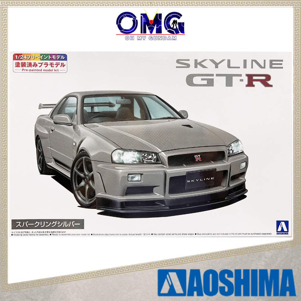 Aoshima 1/24 Nissan BNR34 Skyline GT-R V-Spec II 2000 (Sparkling Silver) No. 3D 06605 ชุดโมเดลทาสีล่