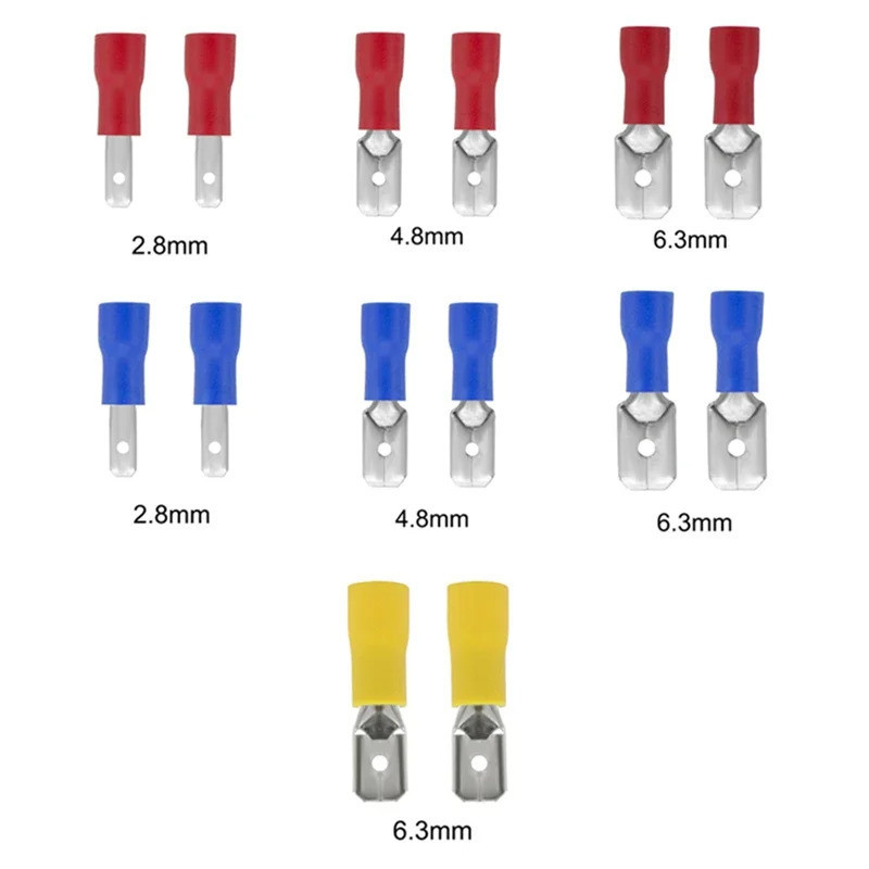 Mdd หางปลาเชื่อมต่อสายเคเบิล ตัวผู้ สีแดง สีฟ้า สีเหลือง 2.8 มม. 4.8 มม. 6.3 มม. 50 ชิ้น ต่อถุง