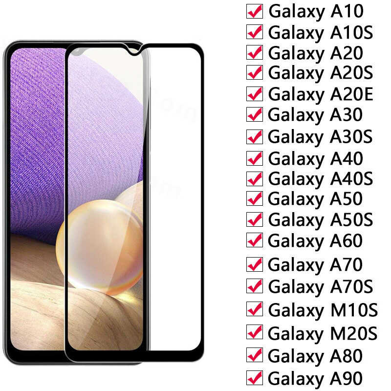 9D เต็มรูปแบบกระจกนิรภัยสำหรับ Samsung Galaxy A10 A20 A30 A40 A50 A60 A70 A80 A90ป้องกันหน้าจอ A10s M10s M20s Glas