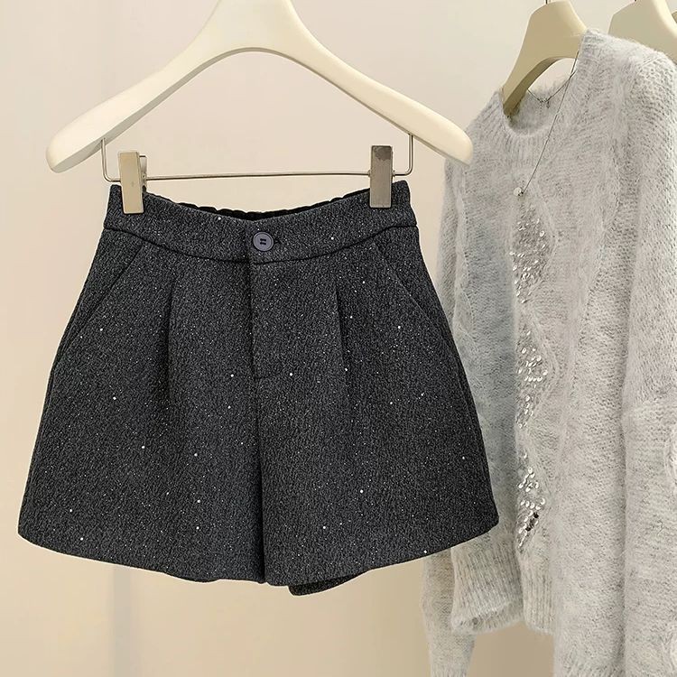 กางเกงขาสั้น a-Line เอวสูงผู้หญิงสไตล์ใหม่ Classy Wide-Leg Retro Woolen Casual Boots กางเกง