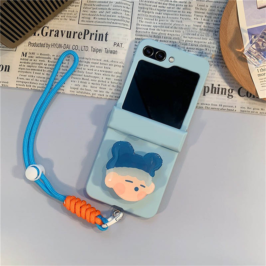 แฟชั่นเกาหลี Kawaii การ์ตูนหมวก Boy Blue Bracket แบบพกพาเชือกสําหรับ Samsung Galaxy Z Flip 3 Z Flip4 Flip5 Flip6 ปกหลัง