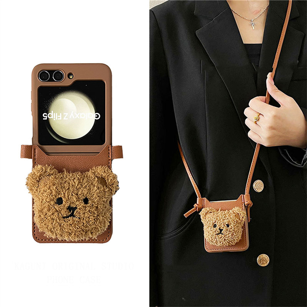 SAMSUNG น่ารักเกาหลีcrossbody Lanyardสร้อยคอผู้ถือบัตรการ์ตูนหมีสําหรับSamsung Galaxy Z Flip6 5G Flip5 Z Flip4 Zflip3 Zflip6 ฝาครอบ
