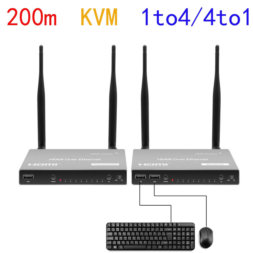 ตัวรับส่งสัญญาณวิดีโอ Wifi HDMI KVM ไร้สาย 200 เมตร 1TX เป็น 2 3 4 RX สวิตช์แยก หลายเป็นหนึ่งสวิตช์ สําหรับแล็ปท็อป PC เป็นทีวี