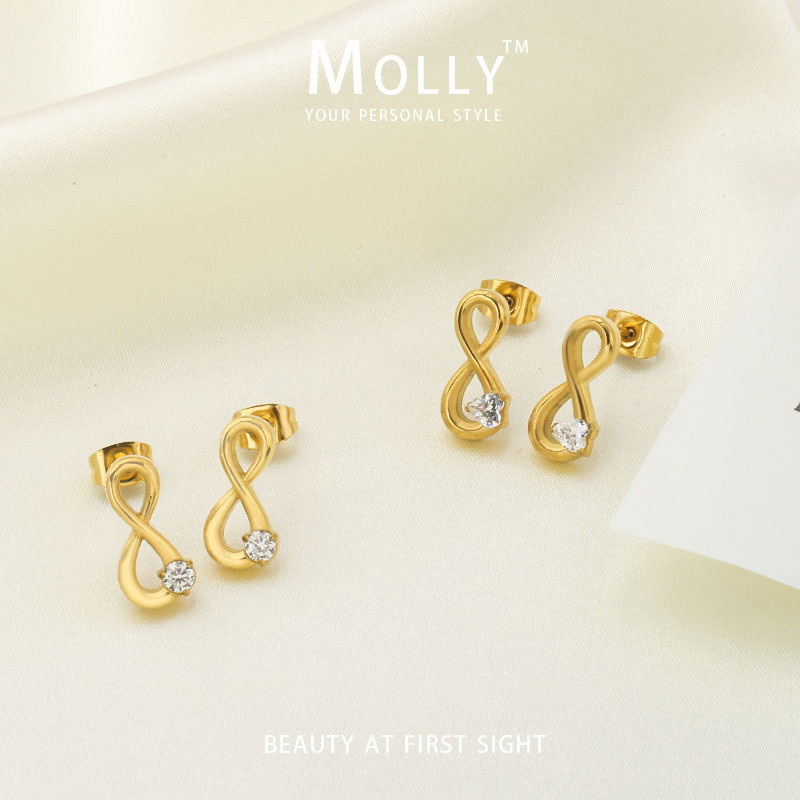 สแตนเลสสตีลเพชร Inlay Infinite ต่างหูผู้หญิง Non Fade Gold Plated Hypoallergenic Non Tarnish Minimalist Stud ต่างหู