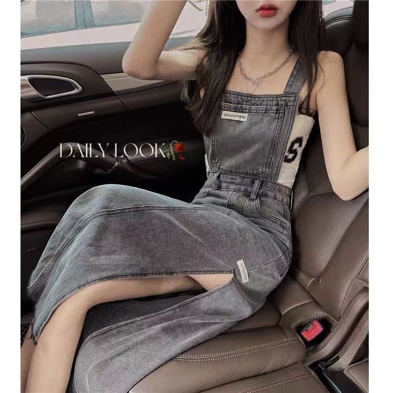 ♞Waist Slit Denim Suspender Dress Denim Dress